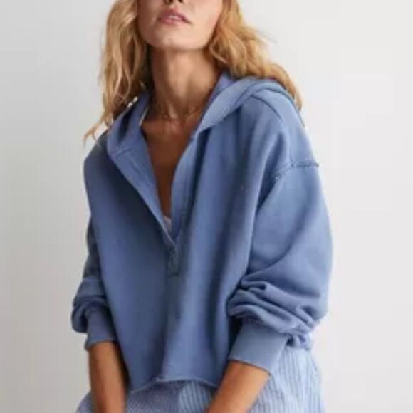 Aerie Cropped Open Neck Hoodie Sweatshirt Blue Women’s XS - Picture 1 of 4